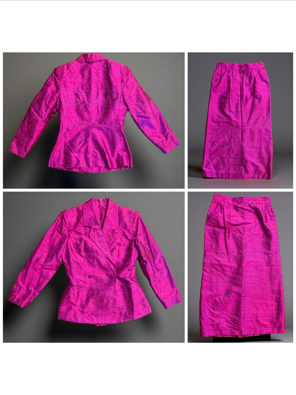 Vintage 90s Custom Raw Silk Skirt Suit Set Magenta Fuchsia Tailored Midi XS 0